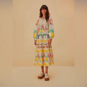 Farm Rio Off-White Tropicolors Yoke Embroidered Midi Dress size Small NWT fruit
